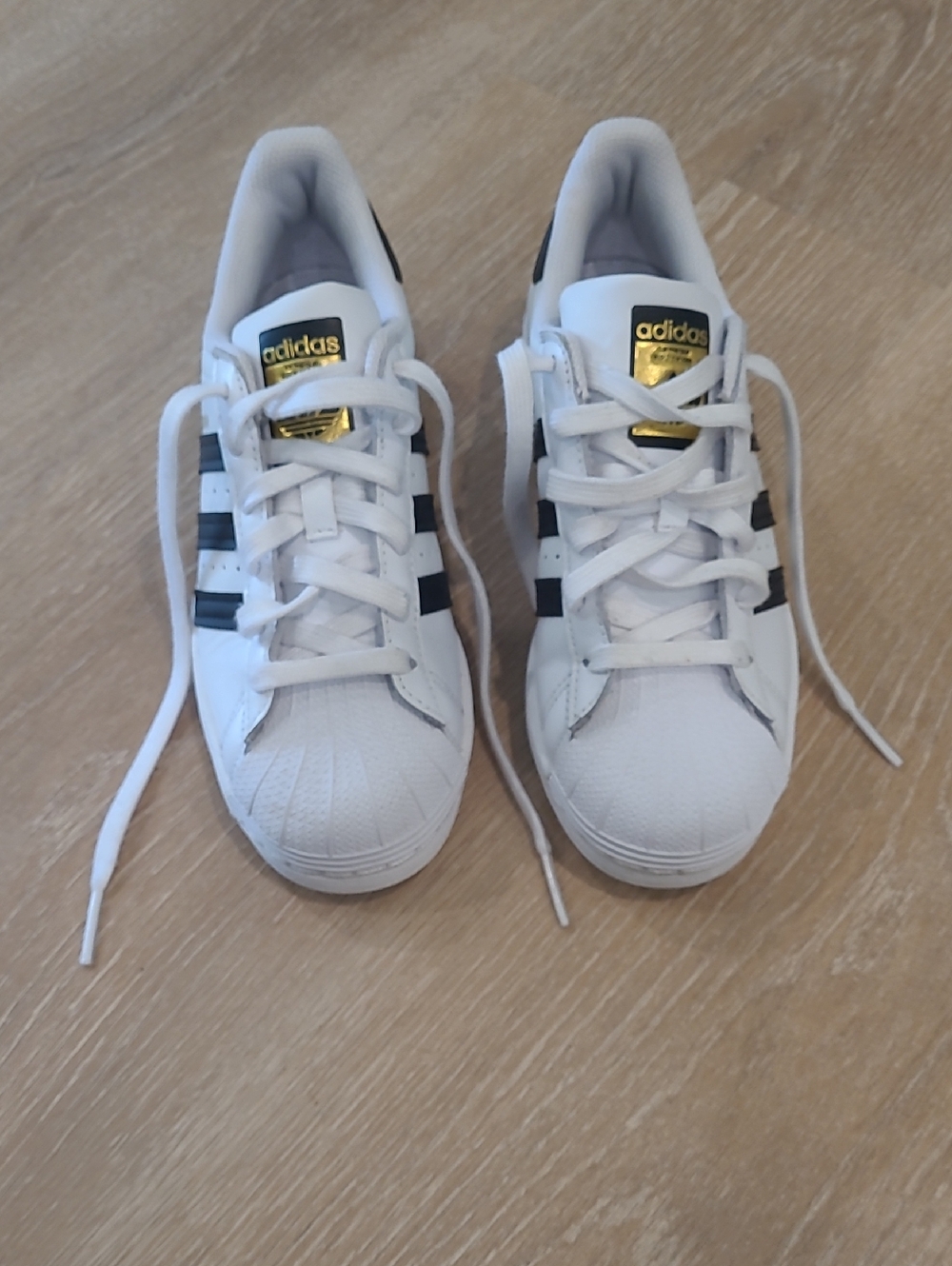 NWOT adidas Superstar White Sneakers with Black Stripes and Gold Tongue